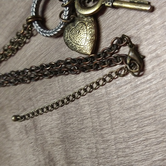 Distressed Fleur De Leis, Angel Wing, Key, 2 Heart Locket Necklaces - Picture 3 of 3